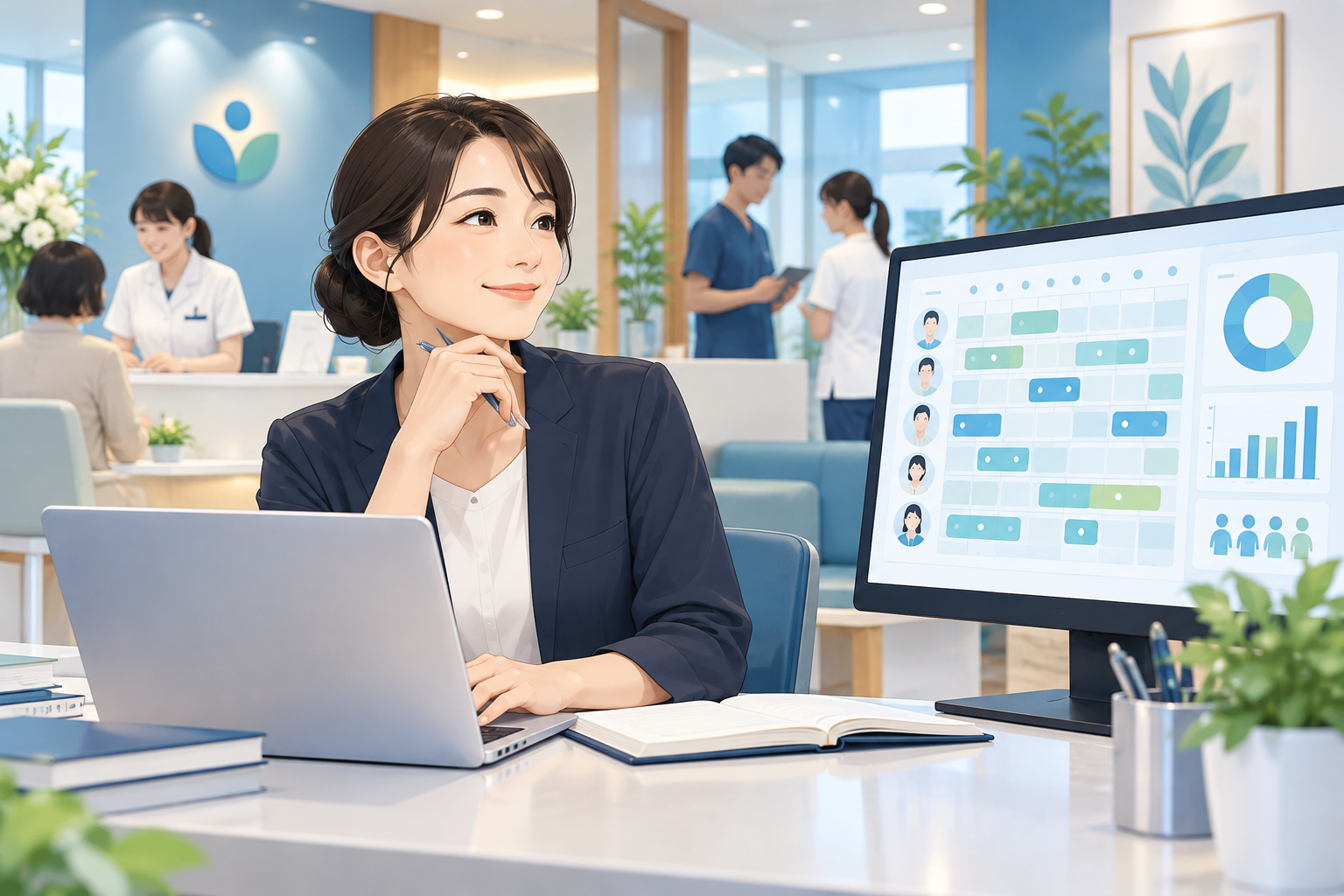 2026-10-12の記事イラスト。勤怠データを確認するクリニック管理者。